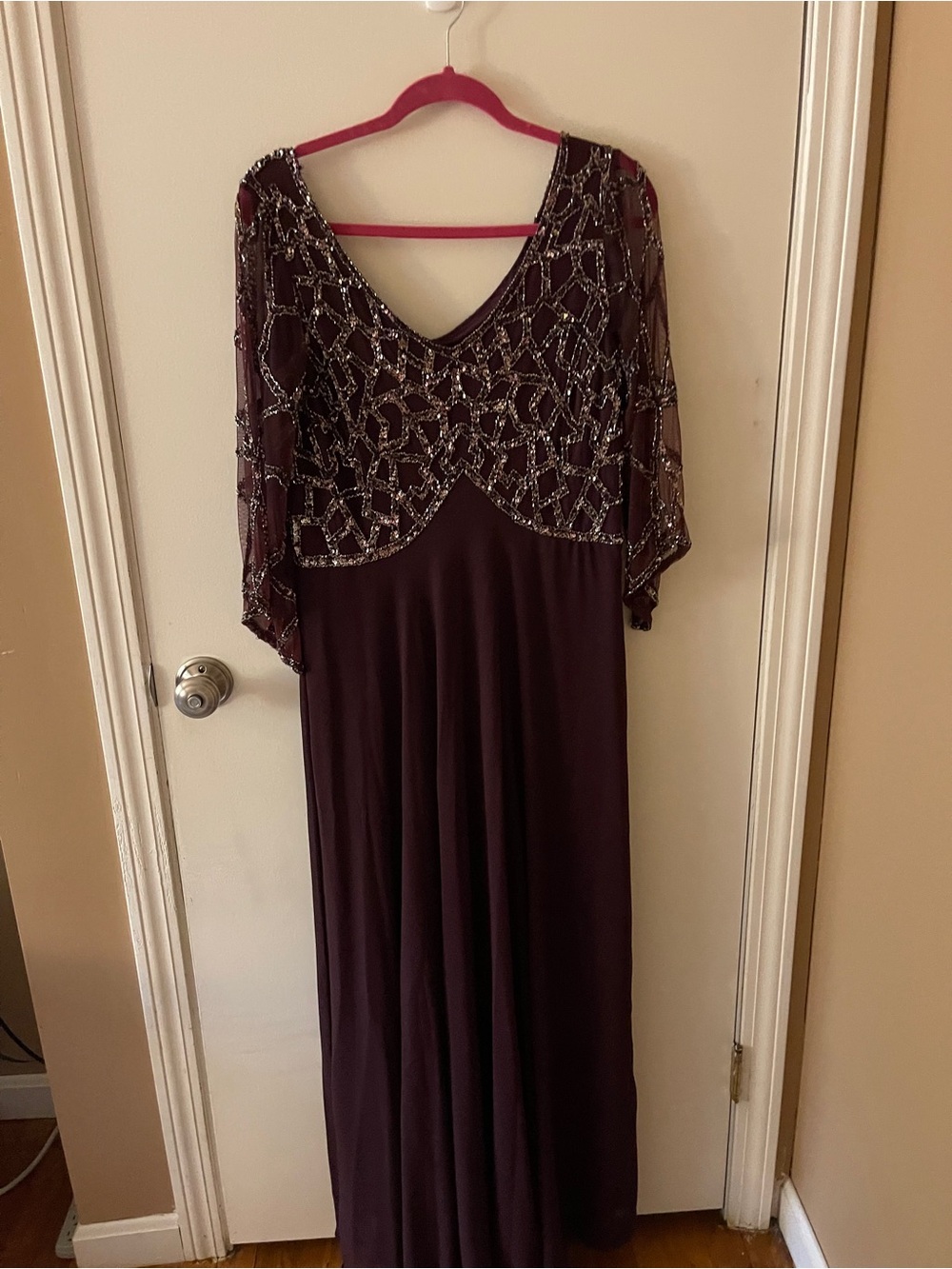 J Kara Beaded V-Neck Burgundy Maxi Dress